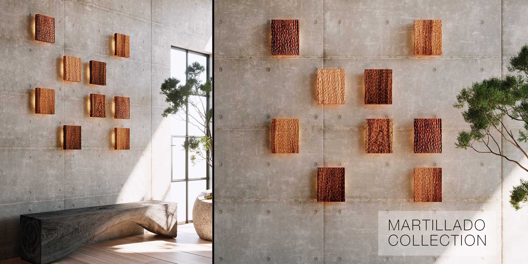 Martillado wood sconces of board formed concrete wall and black wood bench