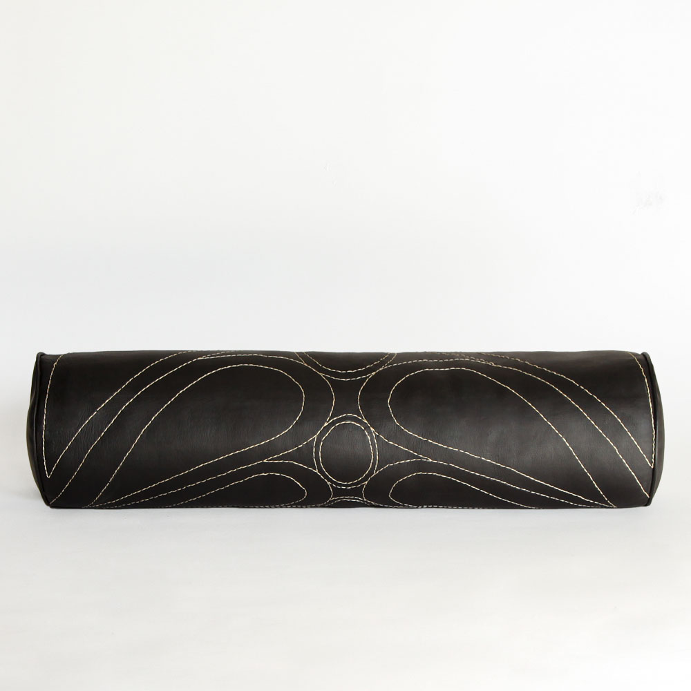 Talabartero Collection Embroidered, Black Leather Bolster Pillow