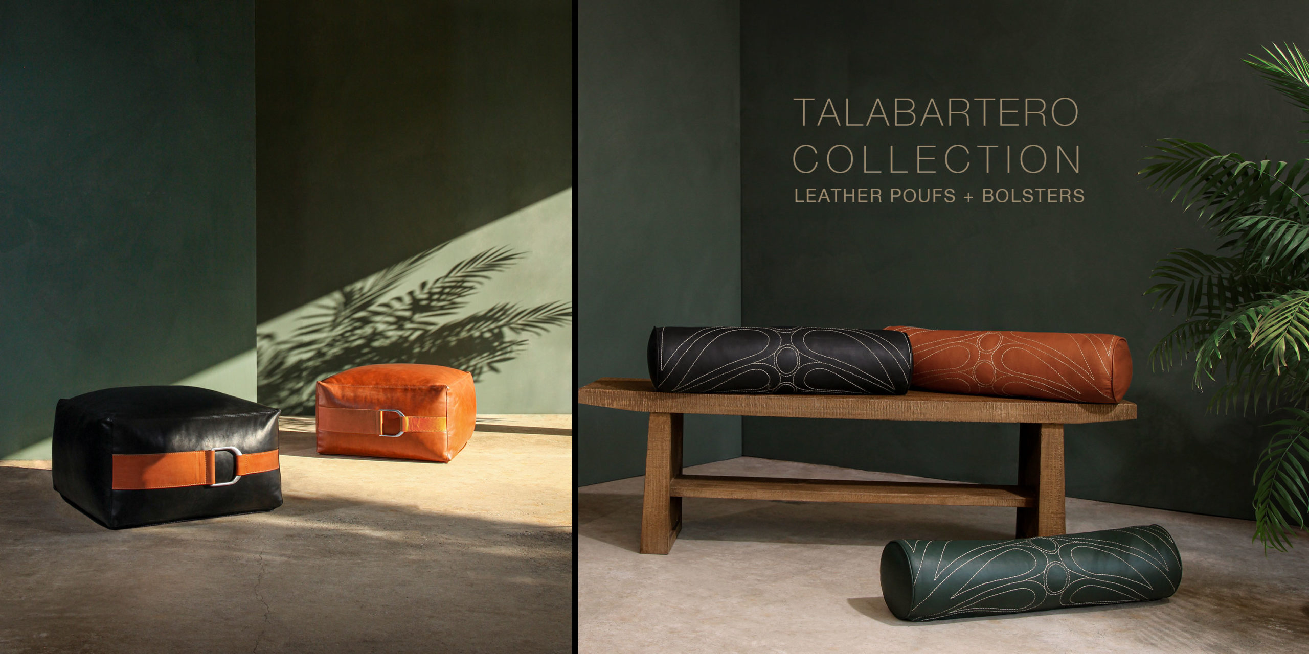 Talabartero leather collection, jewel-toned leather poufs and bolster pillows