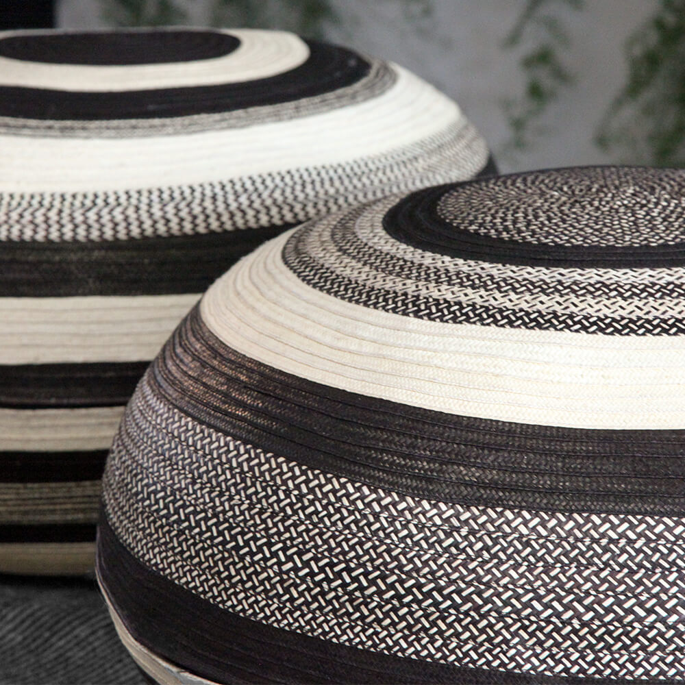 graphic and bold, circular, round poufs handmade in colombia.
