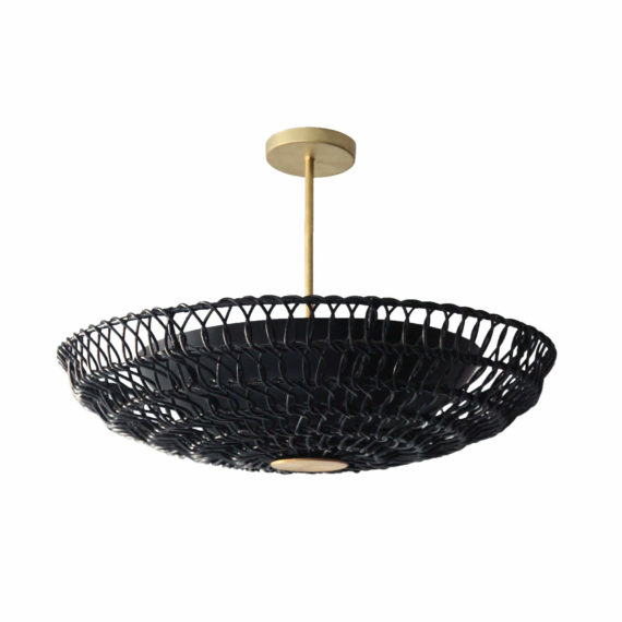 ventila semi-flush mount light fixture, made from black wicker and brushed brass finishings