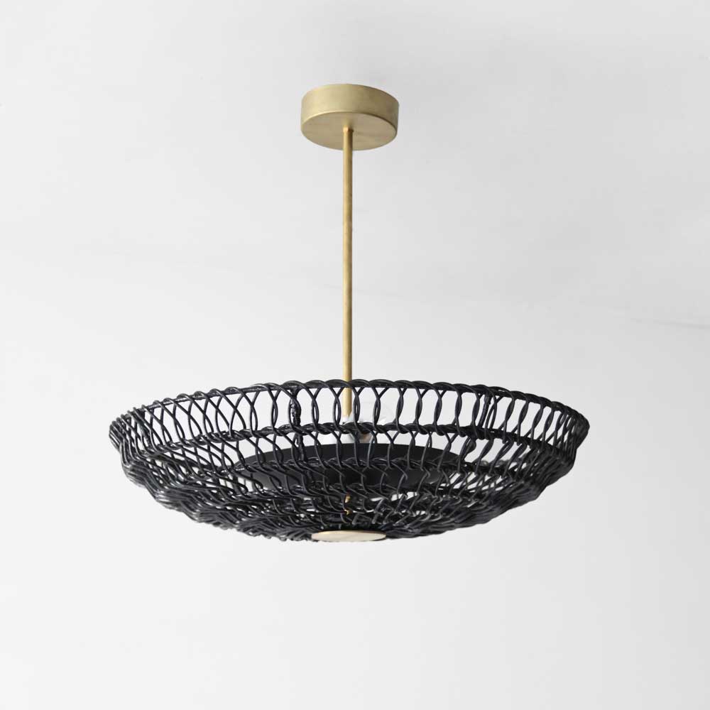 ventila pendant lamp, made from blackened rattan and brass finishings, perfect modern light fixture