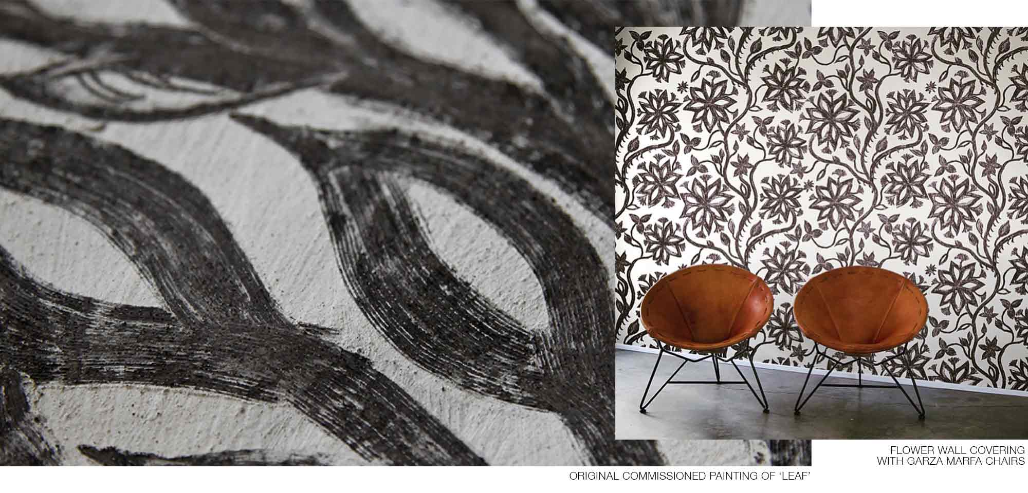 khovar-story-collage_2 original commissioned leaf mud painting from the womens collective TWAC and khovar collection, flower wallpaper and garza marfa chairs.