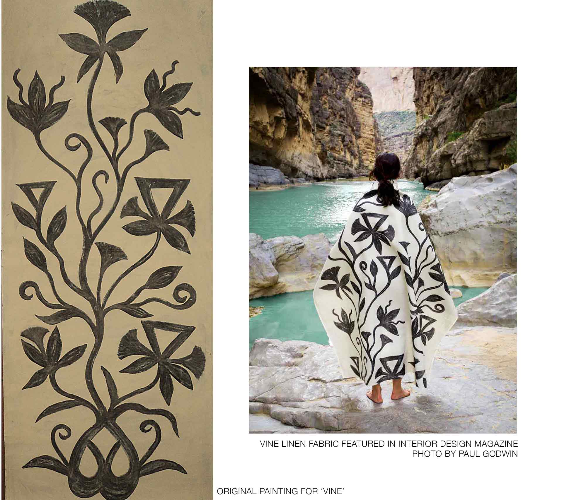 original commissioned vine mud painting from the womens collective TWAC and khovar collection, vine linen fabric featured in Interior Design Magazine. photo by paul godwin.