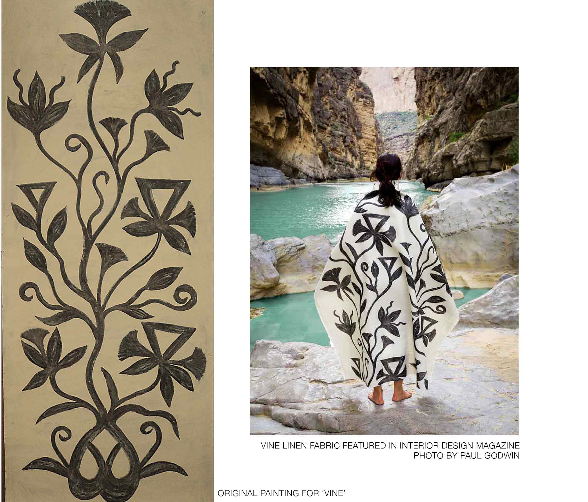 khovar-story-collage_3d original commissioned vine mud painting from the womens collective TWAC and khovar collection, vine linen fabric featured in Interior Design Magazine. photo by paul godwin.