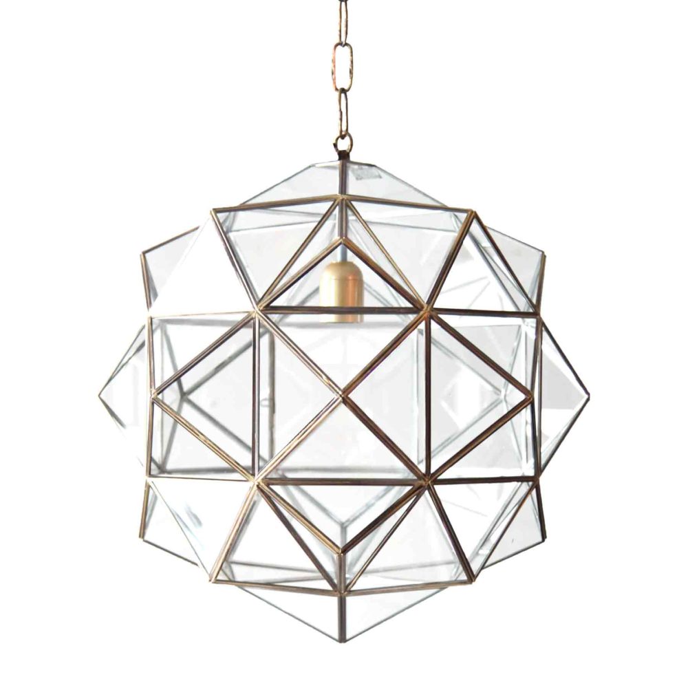 modern pendant light in brushed brass and geometric clear glass.