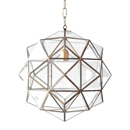 modern pendant light in brushed brass and geometric clear glass.
