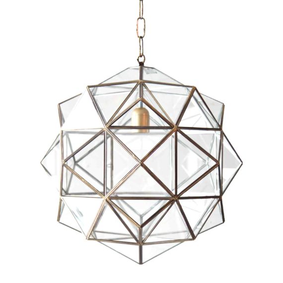 modern pendant light in brushed brass and geometric clear glass.
