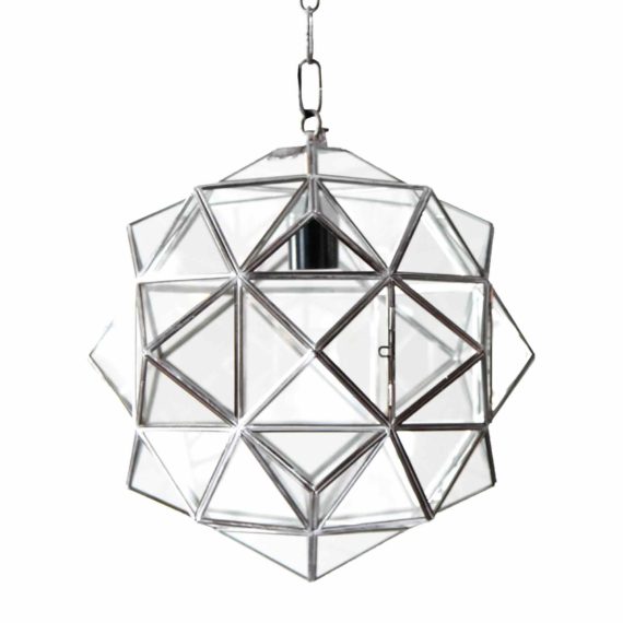 handmade modern geometric glass and silver pendant light.