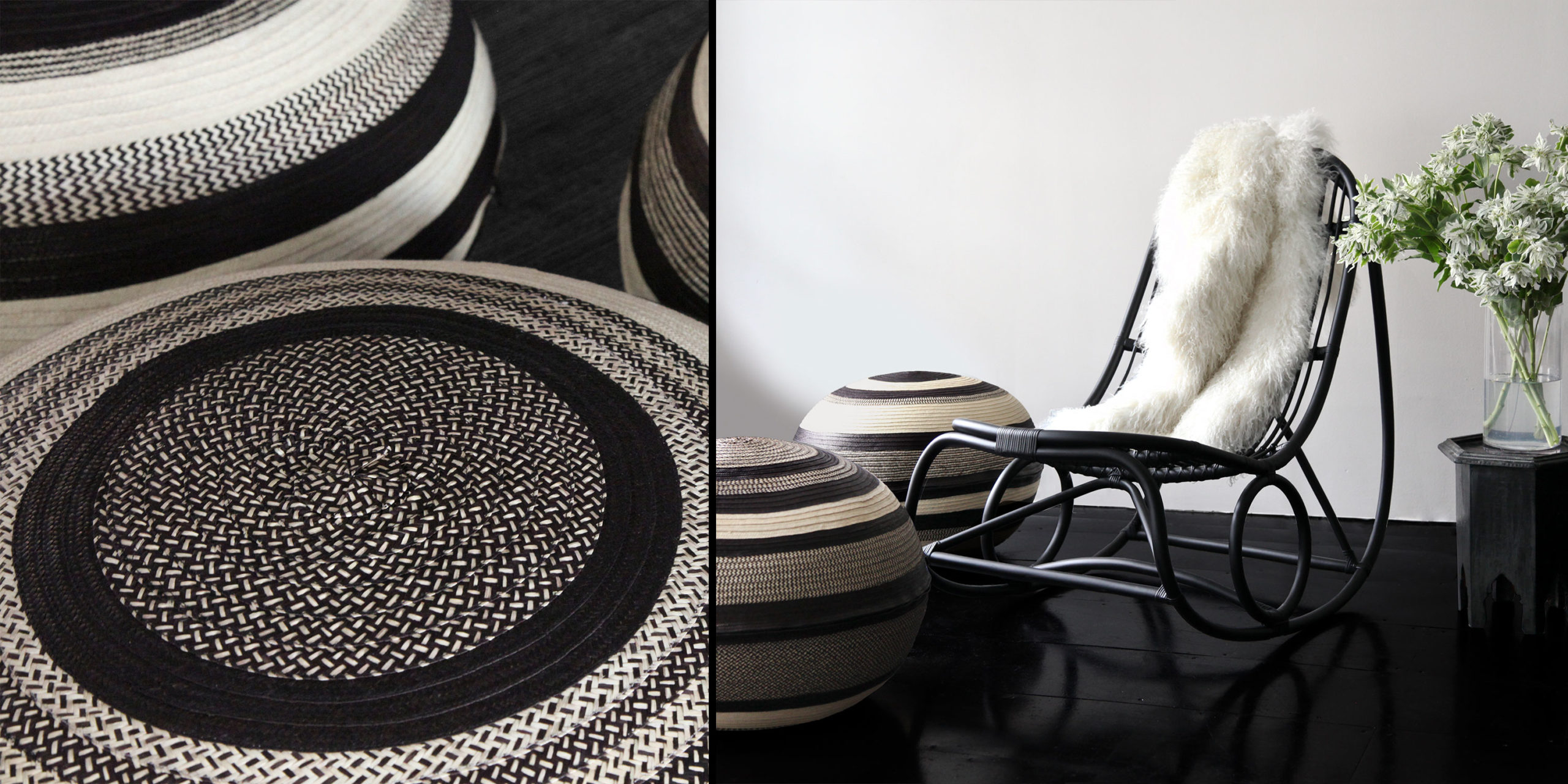 handmade black and white poufs, round ottomans