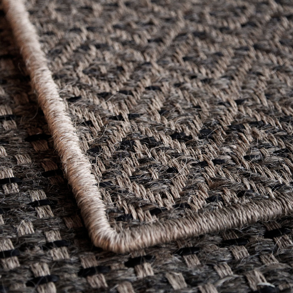 natural fibers rug with black leather, jute and horsehair, super durable and perfect for mudrooms.