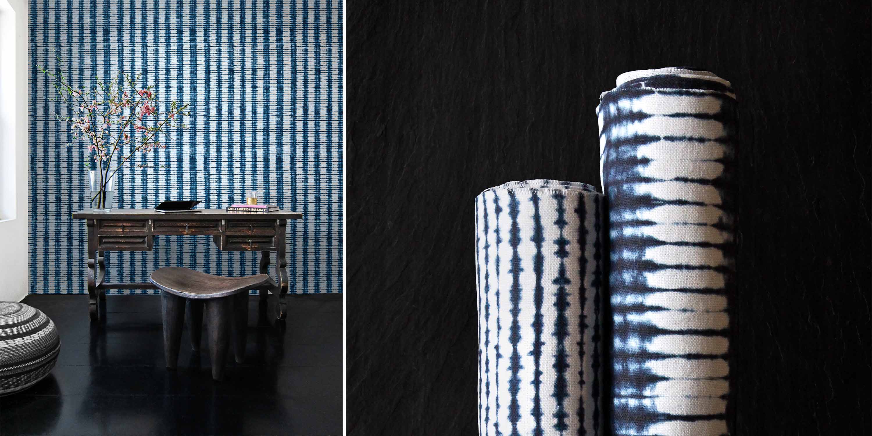 burkina wallpaper, fabric by the yard and linen pillows with patterns inspired by traditional indigo dying.