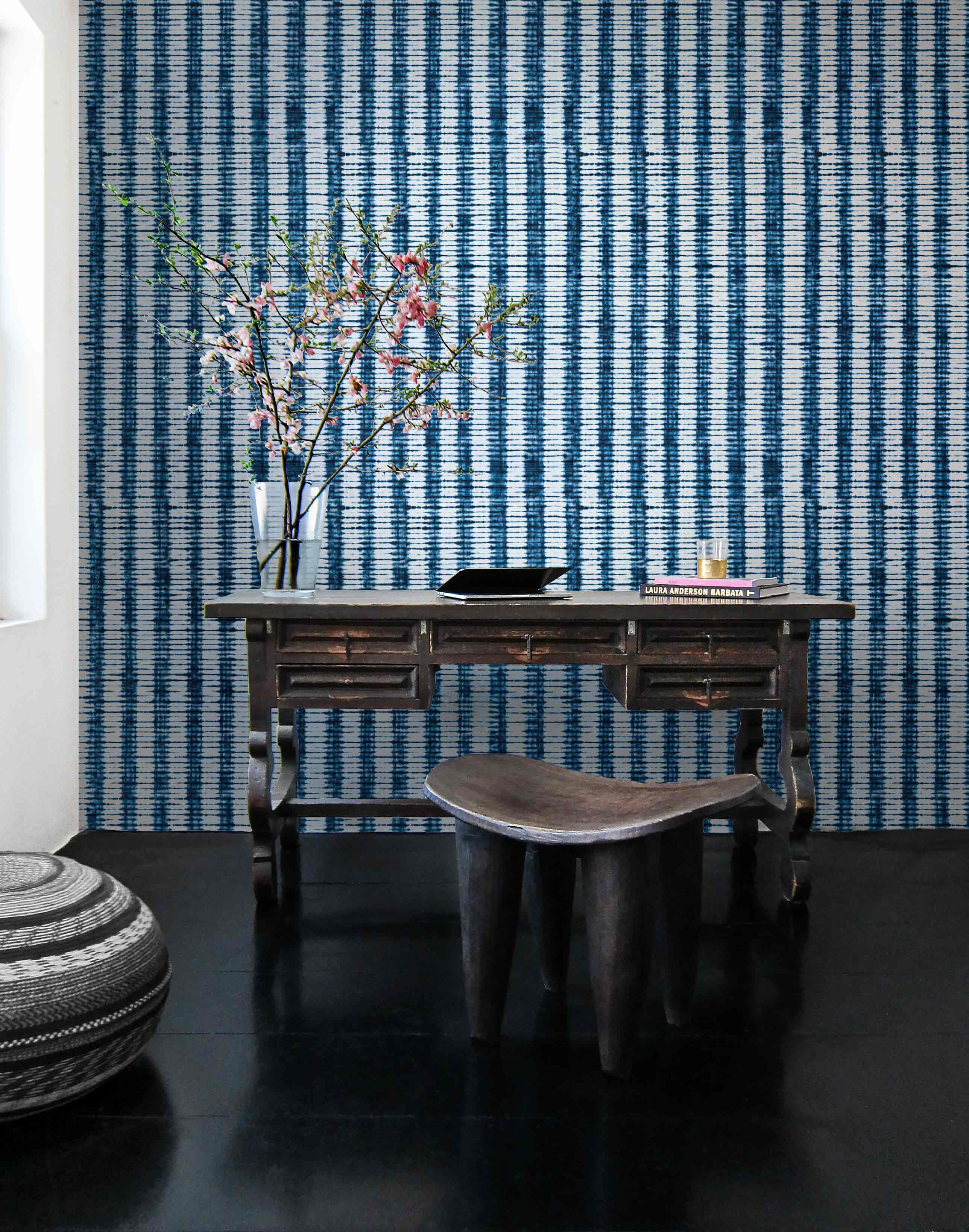 Burkina Wallpaper and linen fabric by the yard based off of traditional indigo dying.