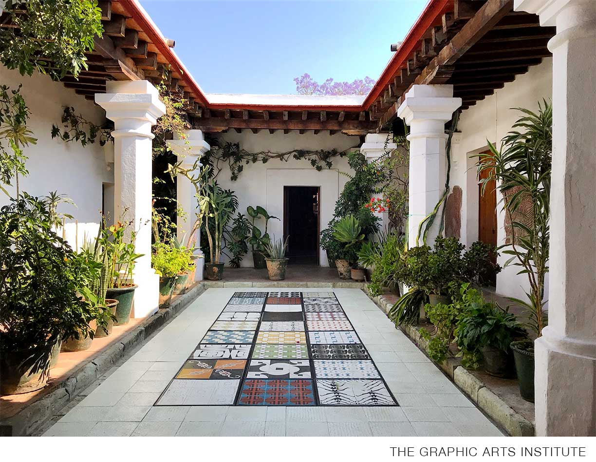 THE GRAPHIC ARTS INSTITUTE in oaxaca has a courtyard in the center with Francisco Toledo designed tiles.