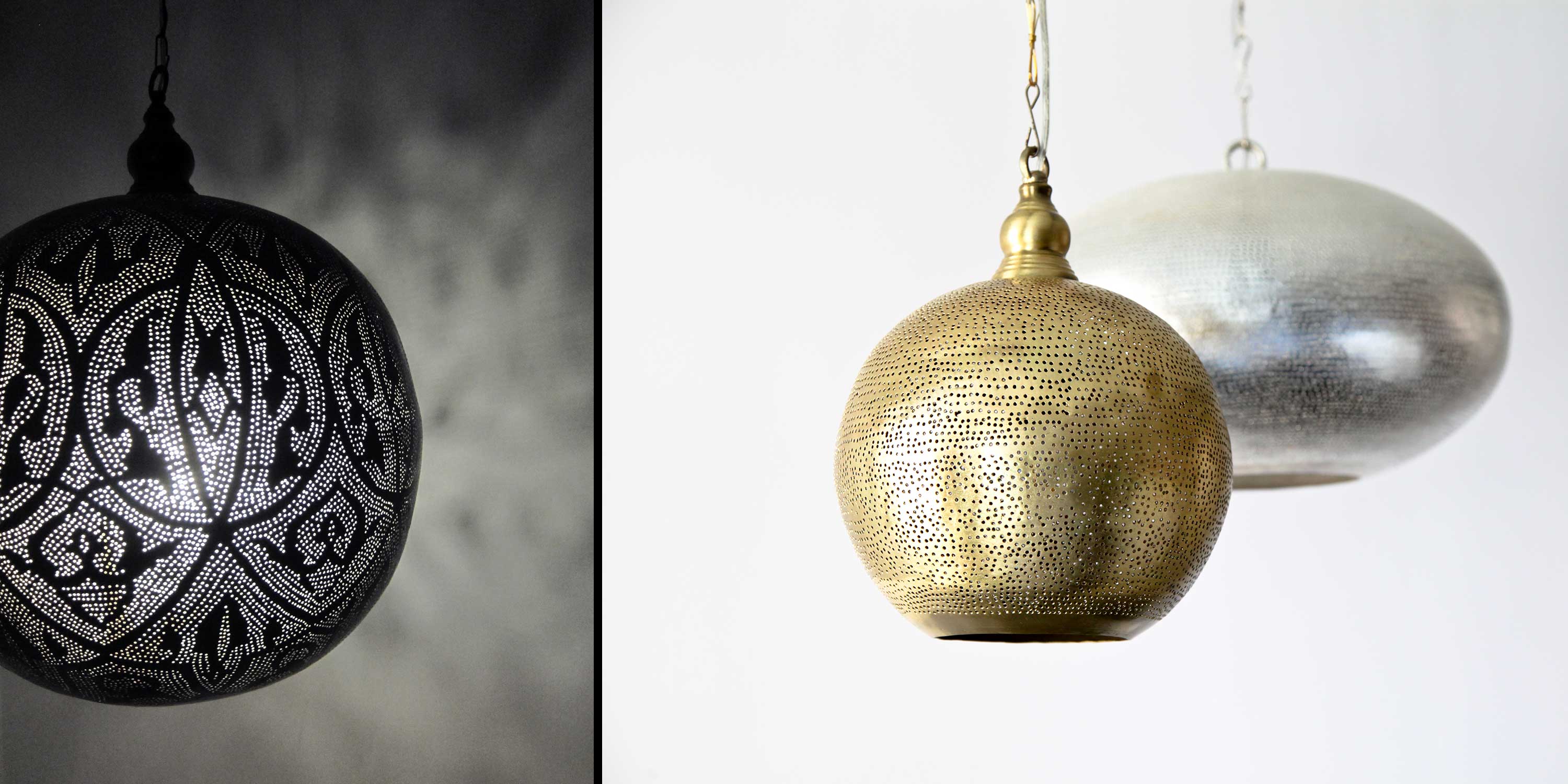 metal egyptian pendant lights in gold, brass, silver and black finishes.