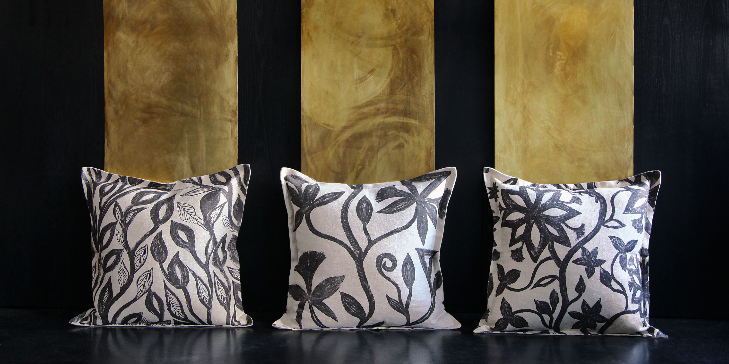 khovar linen throw pillows, printed in decorative bold neutral patterns.