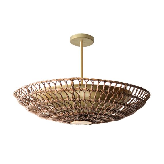 rattan and brass semi-flush ceiling mount light fixture