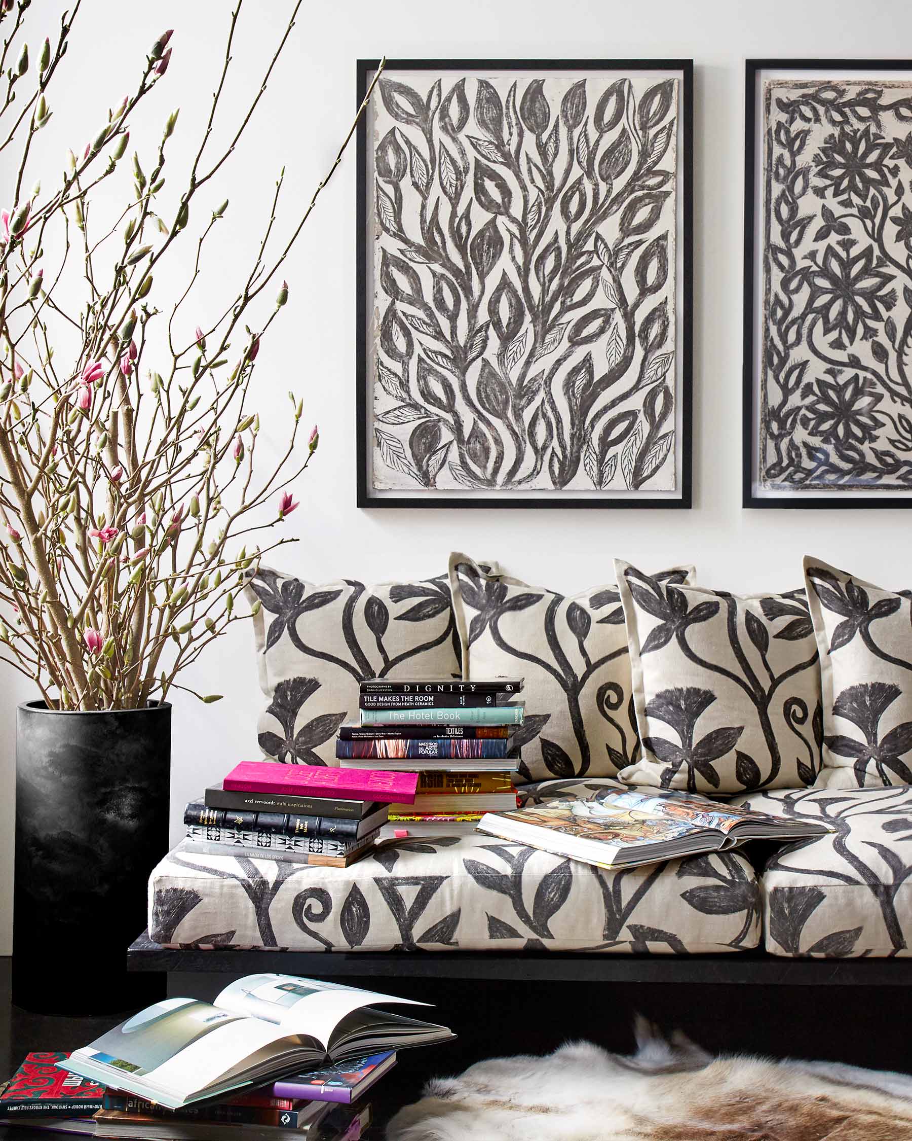 Khovar Vine fabric by the yard, upholstered couch in a graphic print.