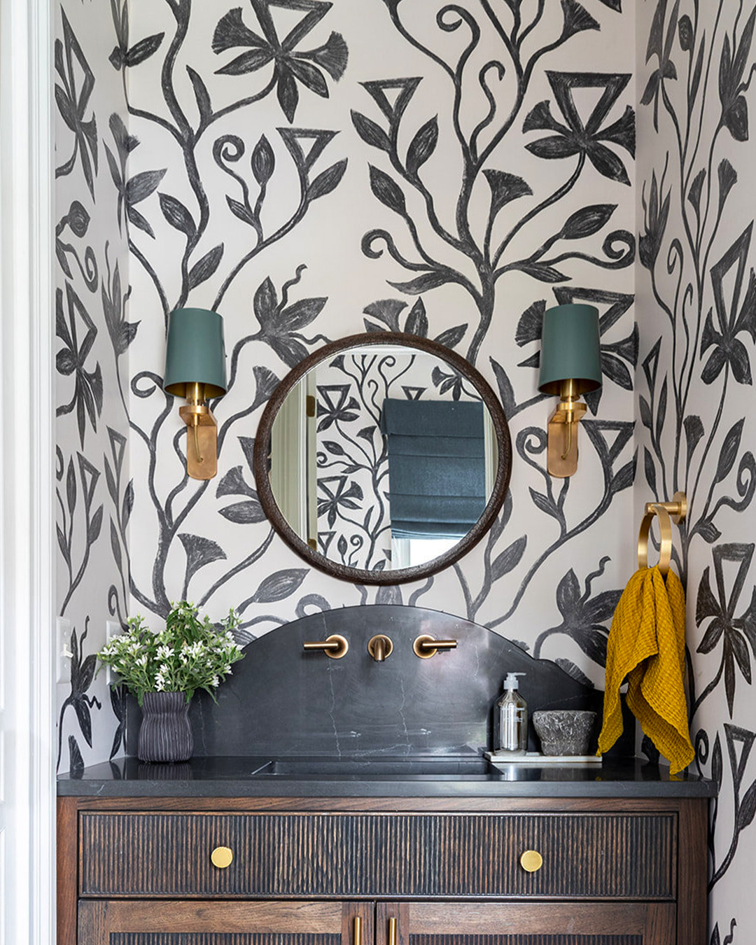 Khovar Vine wallpaper in a powder room designed by Haus Love Interiors