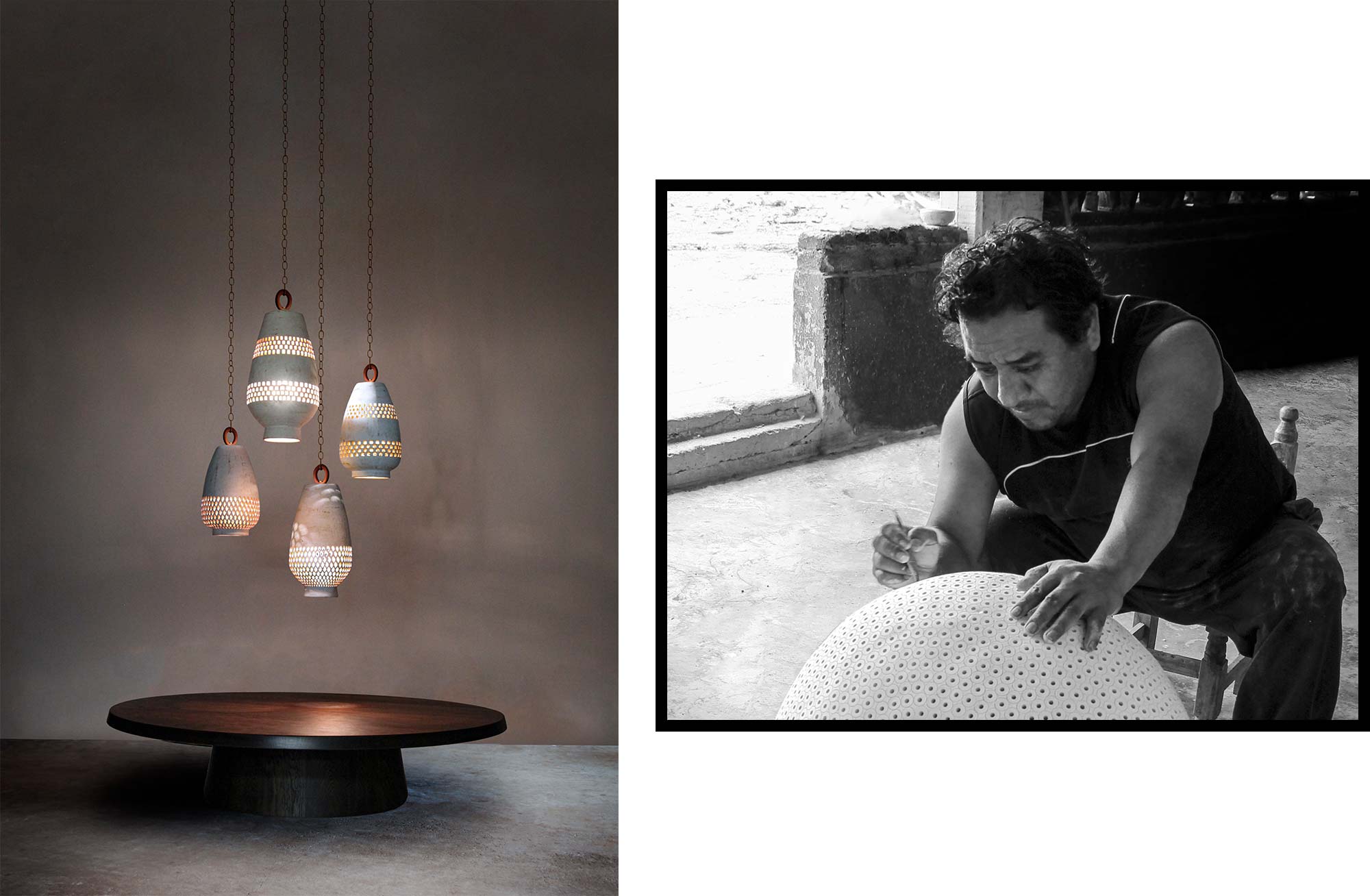 White ceramic pendant lights with geometric cutouts made in Oaxaca