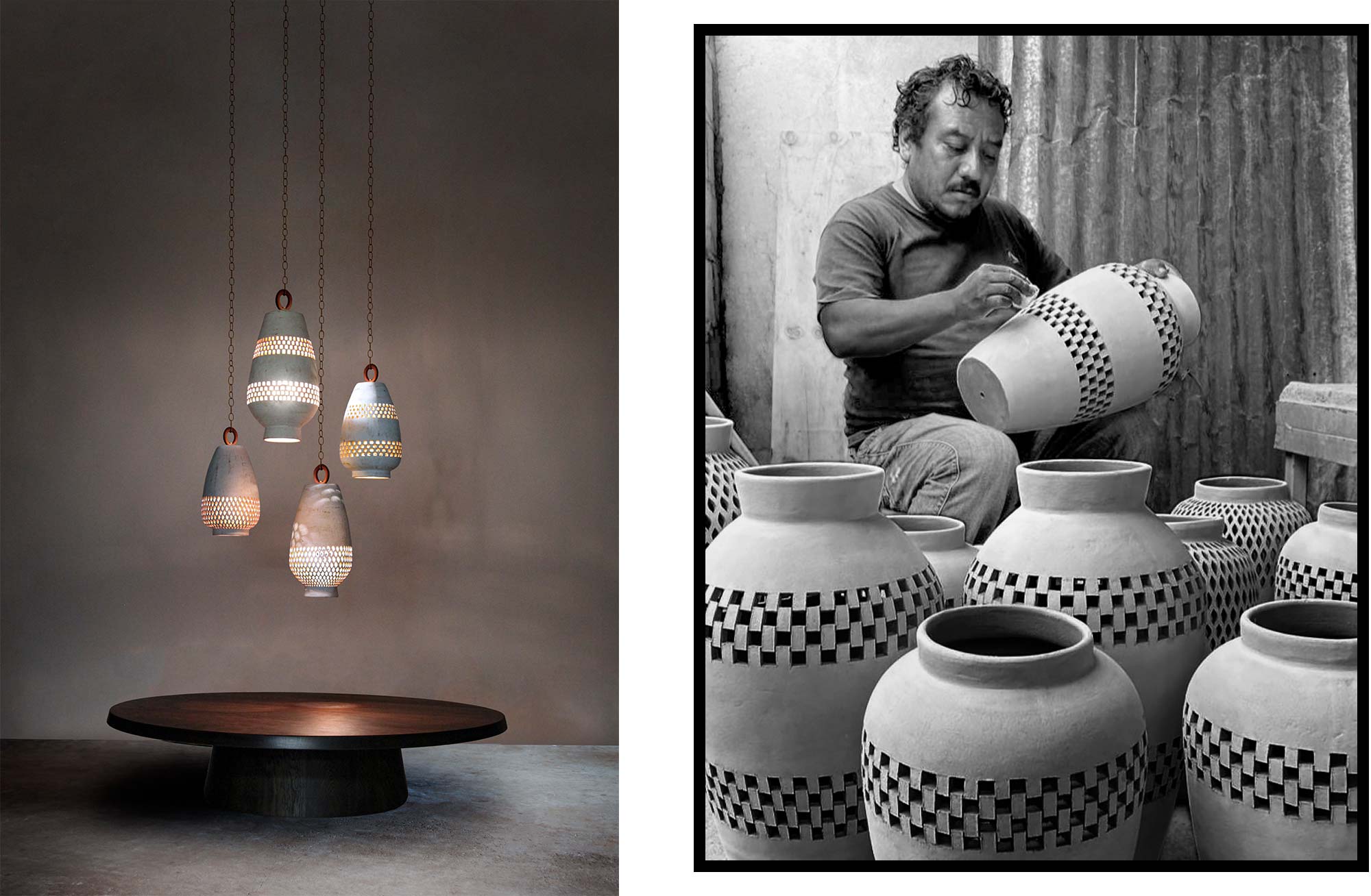 White ceramic pendant lights with geometric cutouts made in Oaxaca