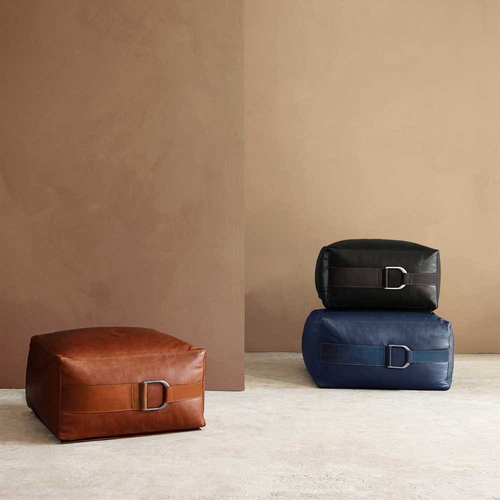 Talabartero collection, equestrian inspired leather poufs and ottomans.