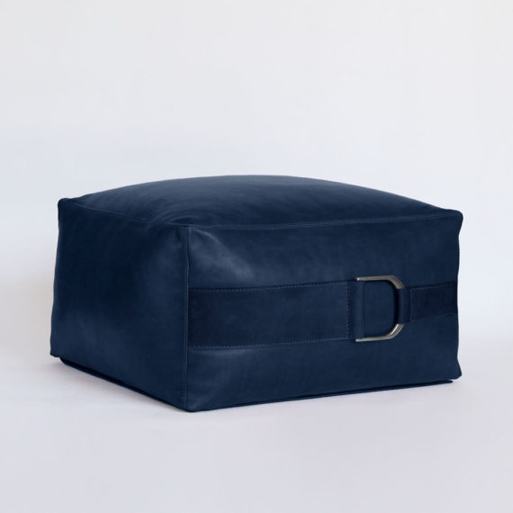 equestrian inspired large leather pouf ottoman in solid indigo
