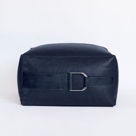 equestrian inspired large leather pouf ottoman in solid indigo
