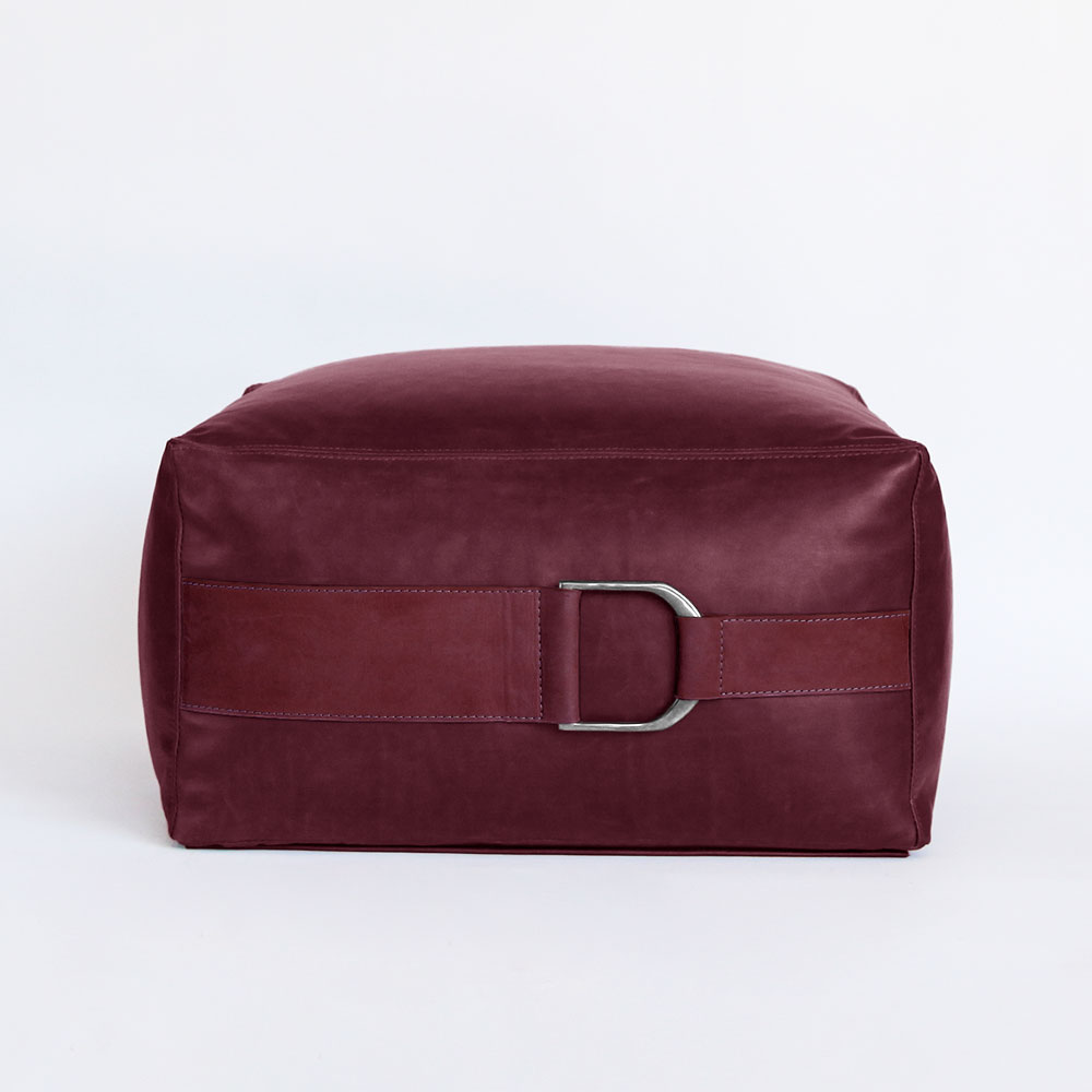 large leather pouf ottoman in solid berry
