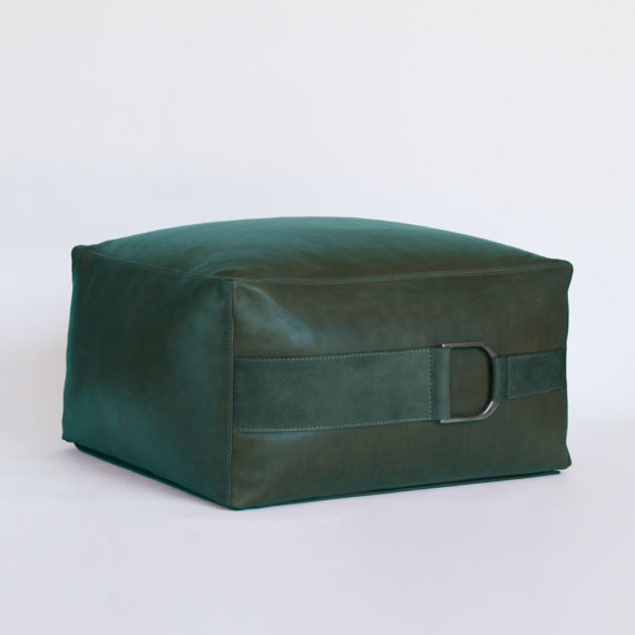 equestrian inspired large leather pouf ottoman in solid green