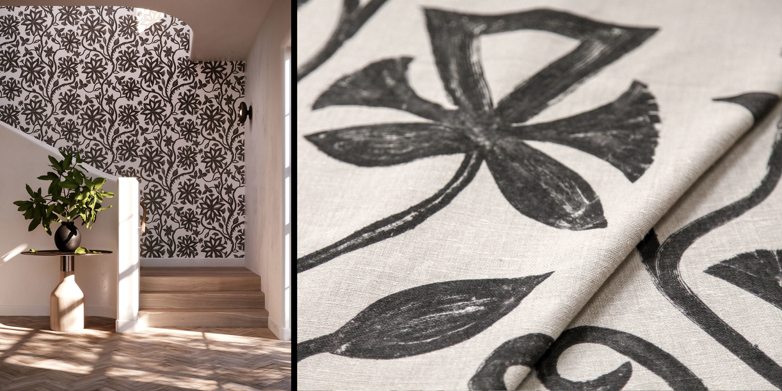 khovar wallpaper and linen fabric collection, bold graphic textured prints.