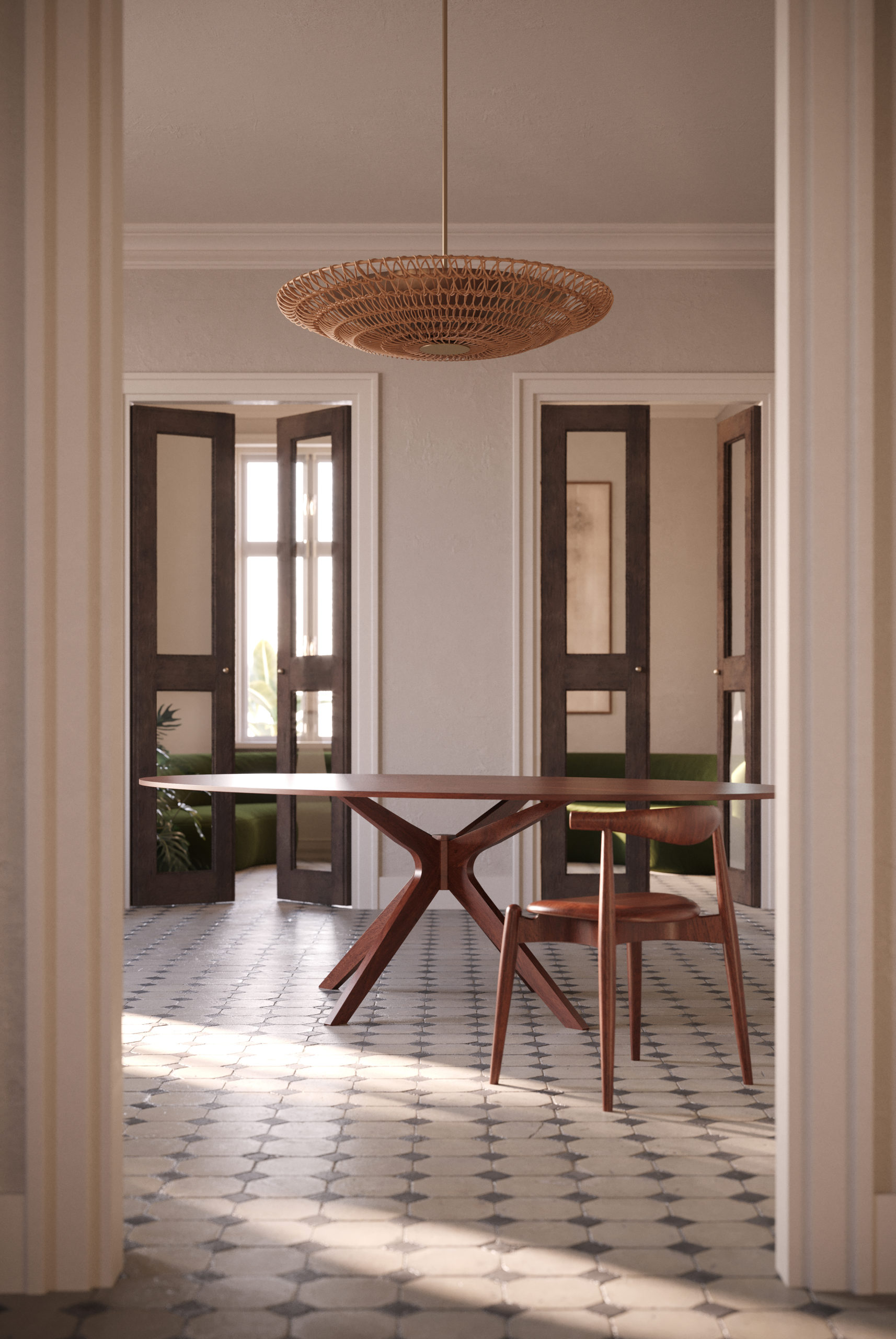 Ventila Collection, large rattan pendants with brass hardware