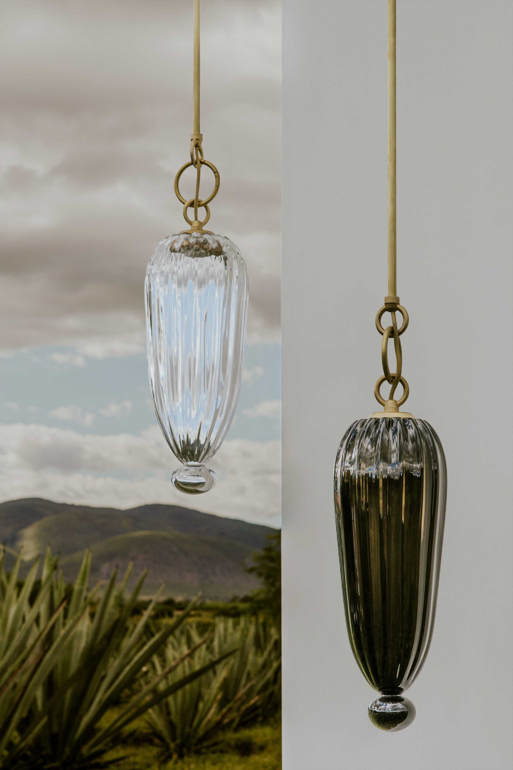 Agave_Oaxaca_Cuishe-Pendants Cuishe pendants in clear and obsidian glass