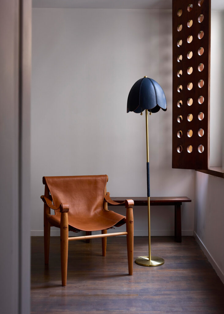 Leather chair and floor lamp
