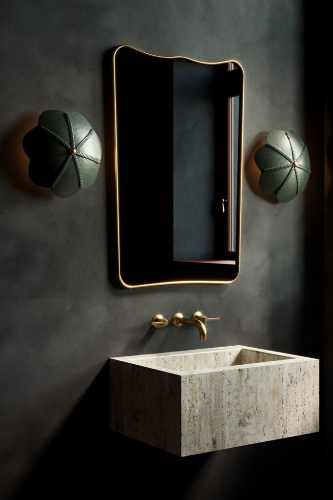 Leather sconces on bathroom